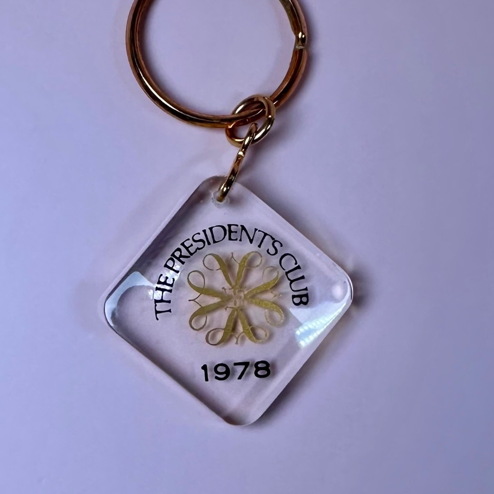 1978 Avon President’s Club Keychain, Clear Resin & Gold